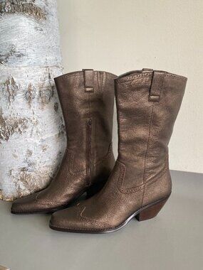ColdWater Creek Women's Leather Metallic Bronze Western Cowboy Boots Sz 8.5